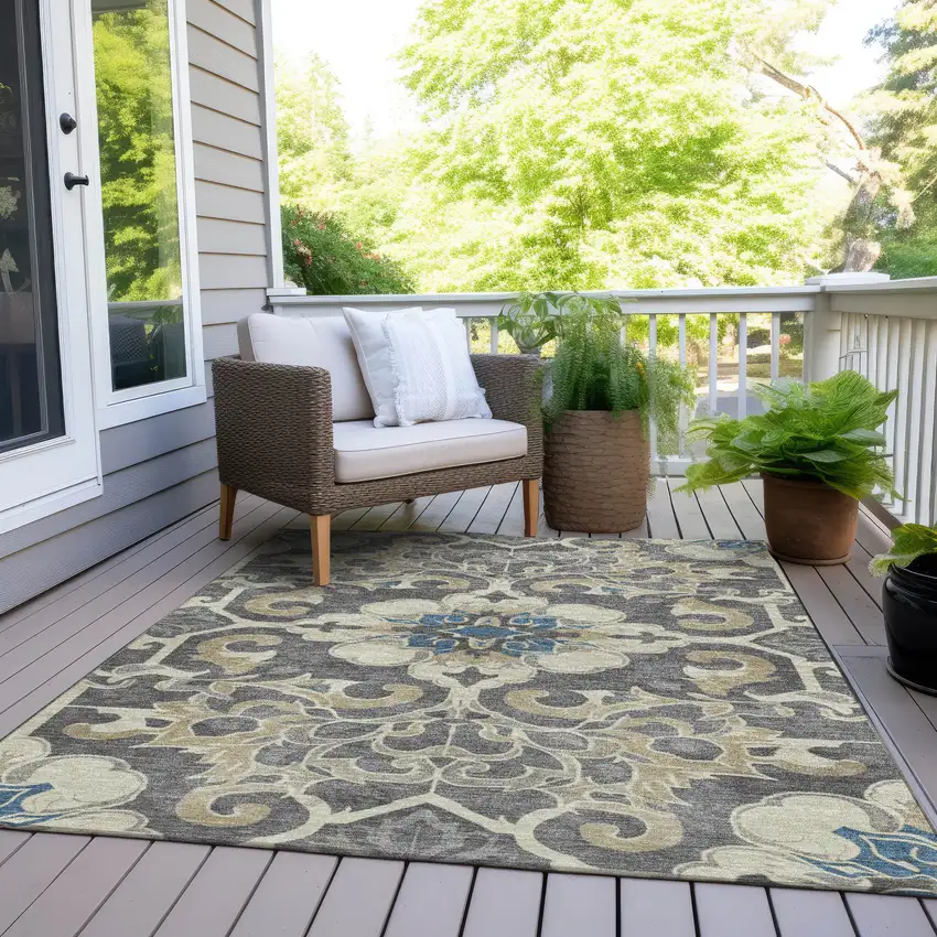 Beige And Charcoal Damask Washable Indoor Outdoor Area Rug Photo 8