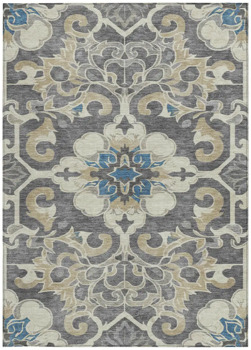 Beige And Charcoal Damask Washable Indoor Outdoor Area Rug Photo 3