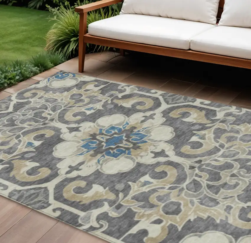 Beige And Charcoal Damask Washable Indoor Outdoor Area Rug Photo 2