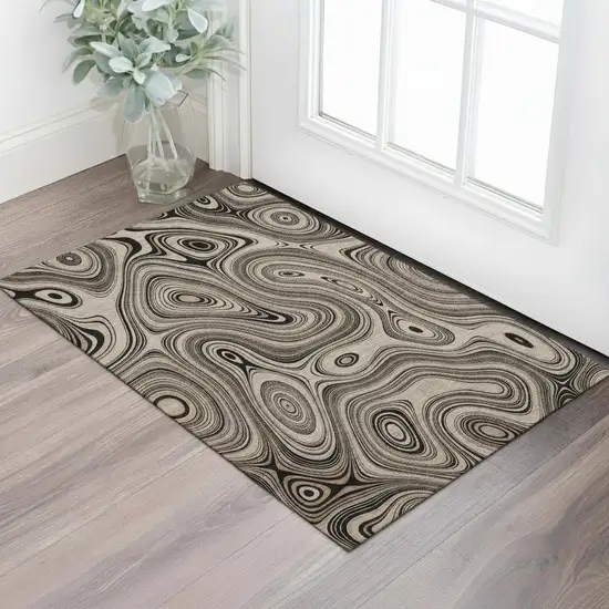 Beige And Charcoal Geometric Washable Area Rug With UV Protection Photo 2