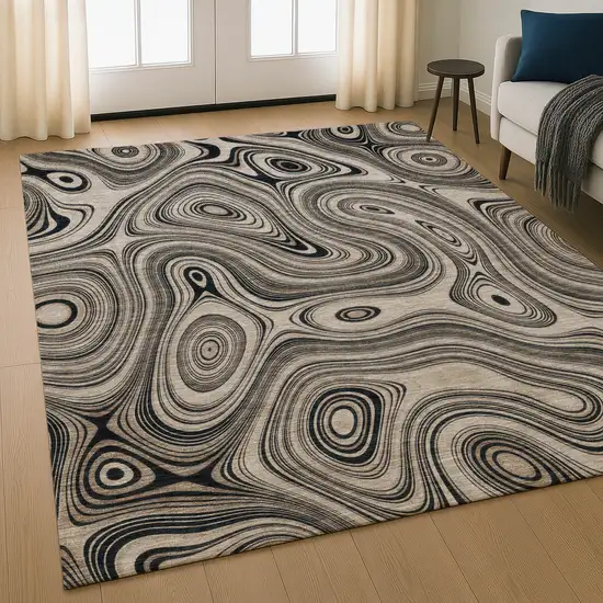 Beige And Charcoal Geometric Washable Area Rug With UV Protection Photo 5