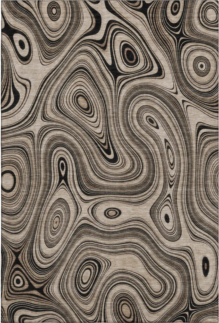 Beige And Charcoal Geometric Washable Area Rug With UV Protection Photo 1