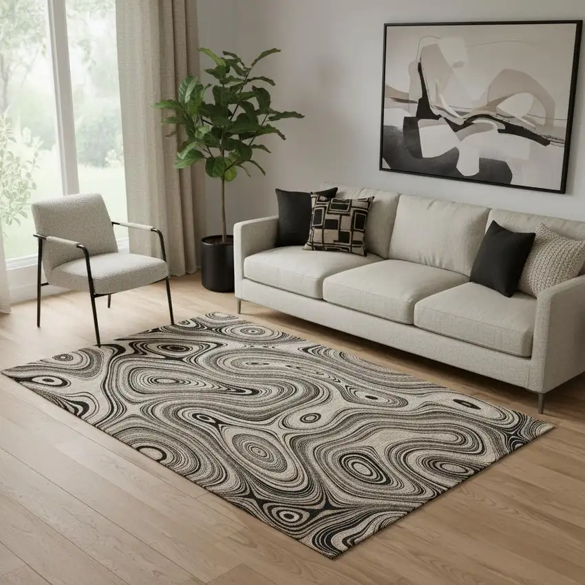 Beige And Charcoal Geometric Washable Area Rug With UV Protection Photo 2