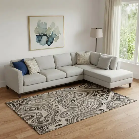 Beige And Charcoal Geometric Washable Area Rug With UV Protection Photo 1