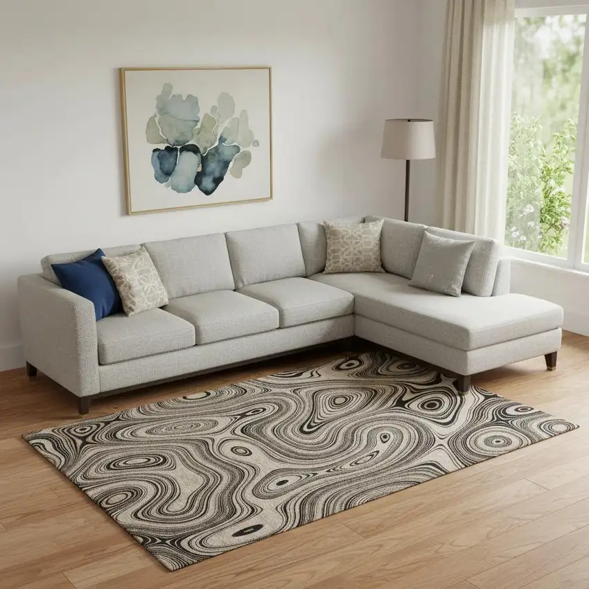 Beige And Charcoal Geometric Washable Area Rug With UV Protection Photo 1