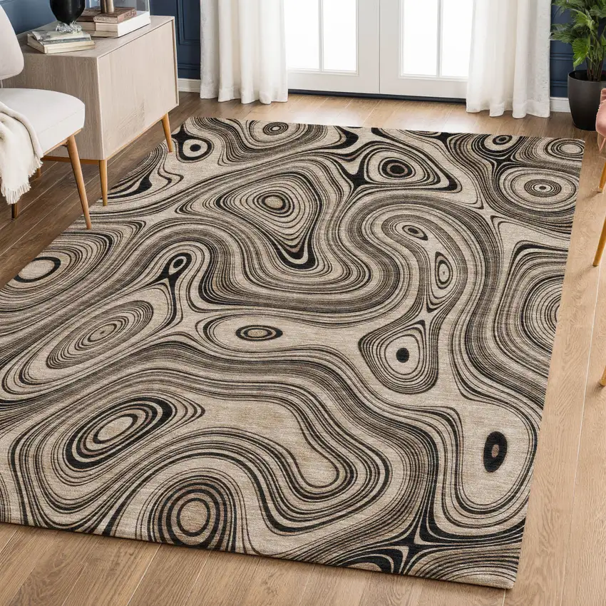 Beige And Charcoal Geometric Washable Area Rug With UV Protection Photo 6