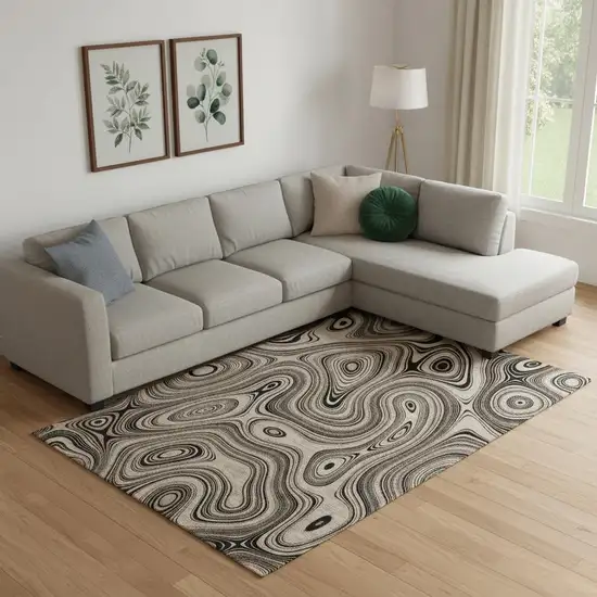 Beige And Charcoal Geometric Washable Area Rug With UV Protection Photo 2