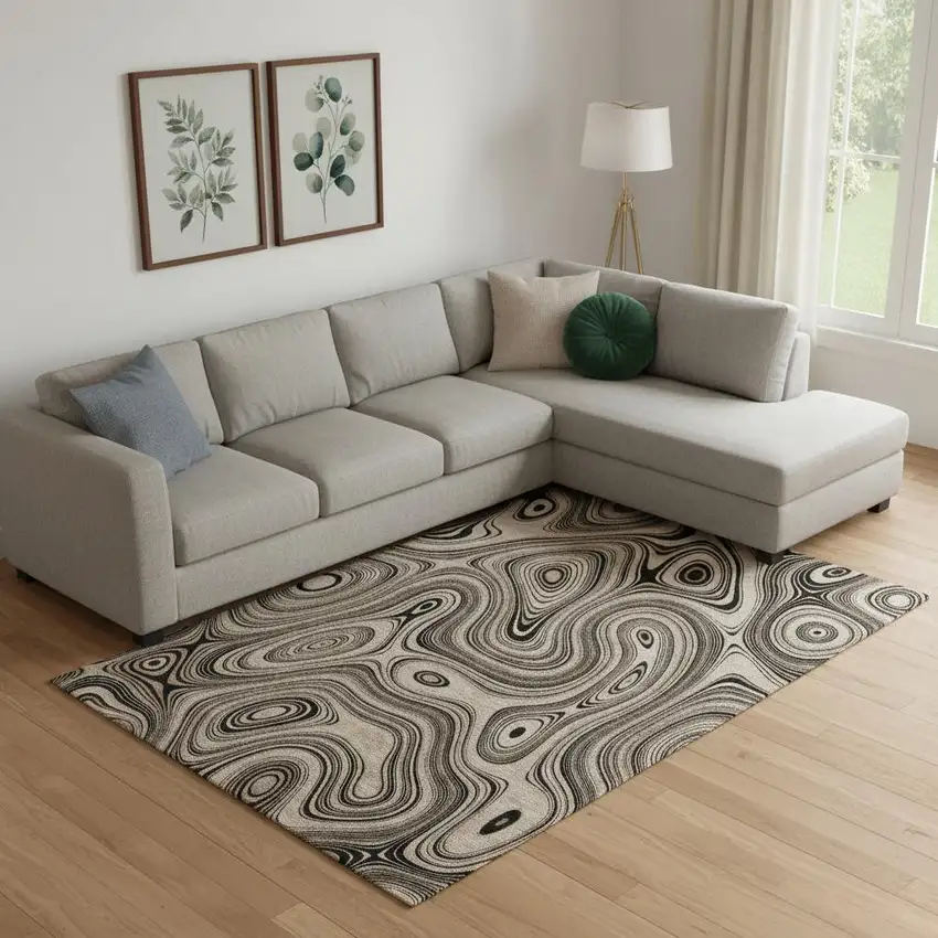 Beige And Charcoal Geometric Washable Area Rug With UV Protection Photo 2