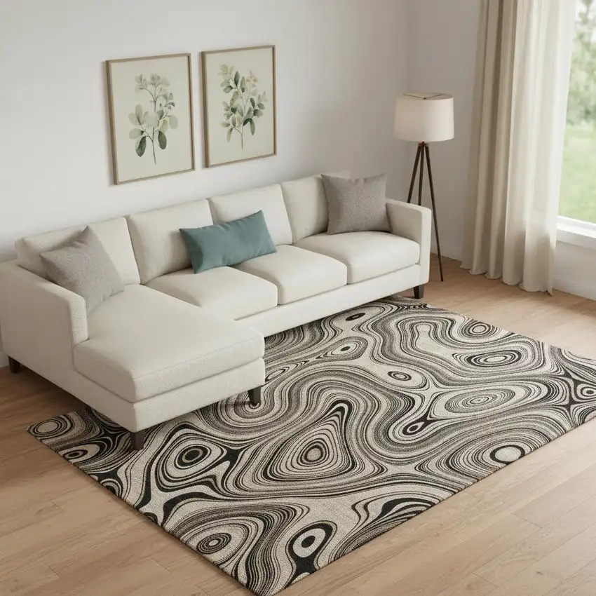 Beige And Charcoal Geometric Washable Area Rug With UV Protection Photo 2