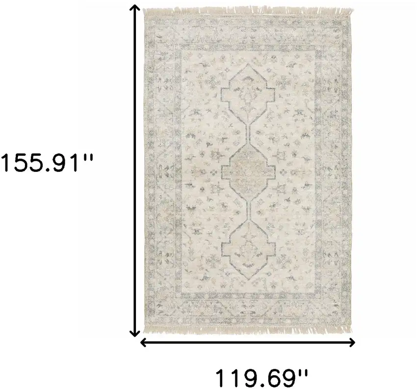 Beige And Charcoal Oriental Hand Loomed Stain Resistant Area Rug With Fringe Photo 3