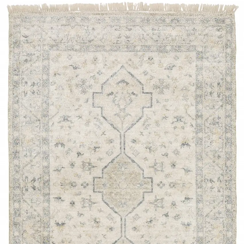Beige And Charcoal Oriental Hand Loomed Stain Resistant Area Rug With Fringe Photo 5