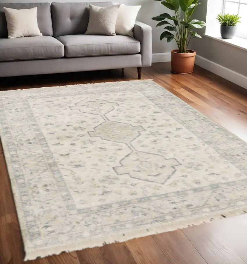 Beige And Charcoal Oriental Hand Loomed Stain Resistant Area Rug With Fringe Photo 1