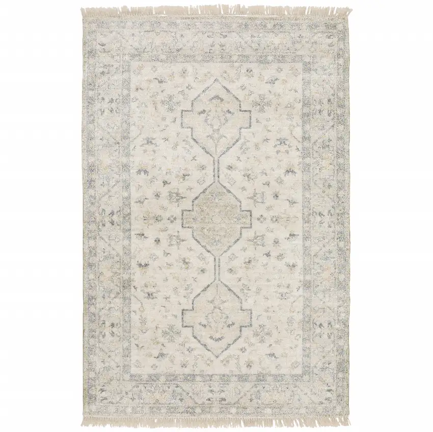 Beige And Charcoal Oriental Hand Loomed Stain Resistant Area Rug With Fringe Photo 1