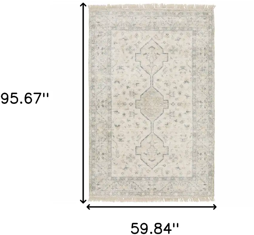 Beige And Charcoal Oriental Hand Loomed Stain Resistant Area Rug With Fringe Photo 10
