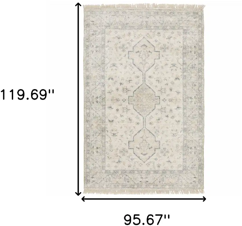 Beige And Charcoal Oriental Hand Loomed Stain Resistant Area Rug With Fringe Photo 3