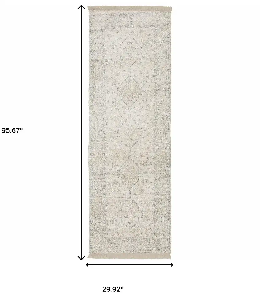Beige And Charcoal Oriental Hand Loomed Stain Resistant Runner Rug With Fringe Photo 10