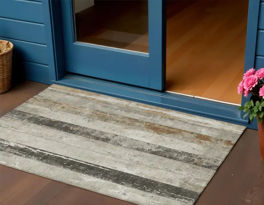 Beige And Charcoal Striped Washable Indoor Outdoor Area Rug Photo 2