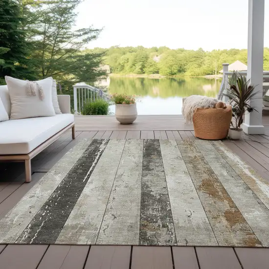 Beige And Charcoal Striped Washable Indoor Outdoor Area Rug Photo 6