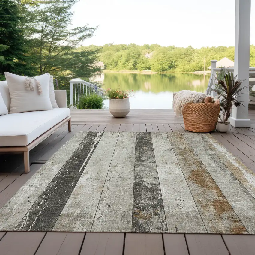 Beige And Charcoal Striped Washable Indoor Outdoor Area Rug Photo 6
