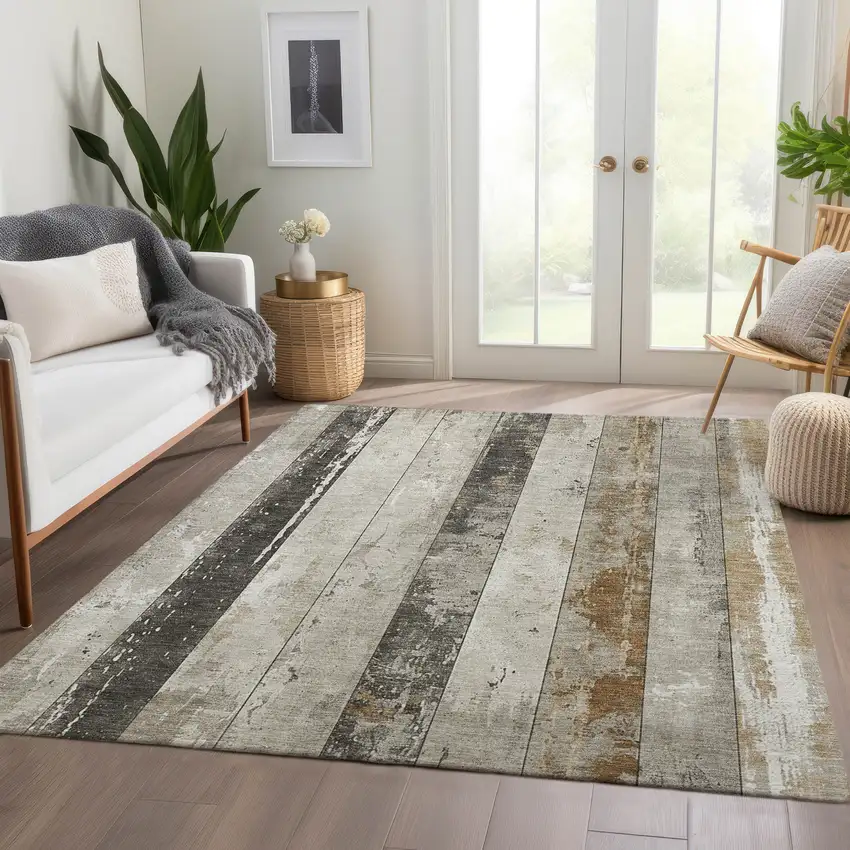 Beige And Charcoal Striped Washable Indoor Outdoor Area Rug Photo 8