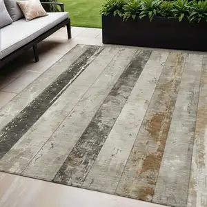 Photo of Beige And Charcoal Striped Washable Indoor Outdoor Area Rug