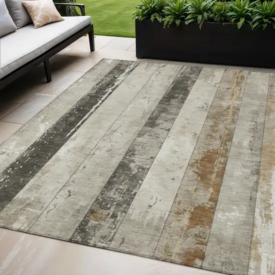 Beige And Charcoal Striped Washable Indoor Outdoor Area Rug Photo 1