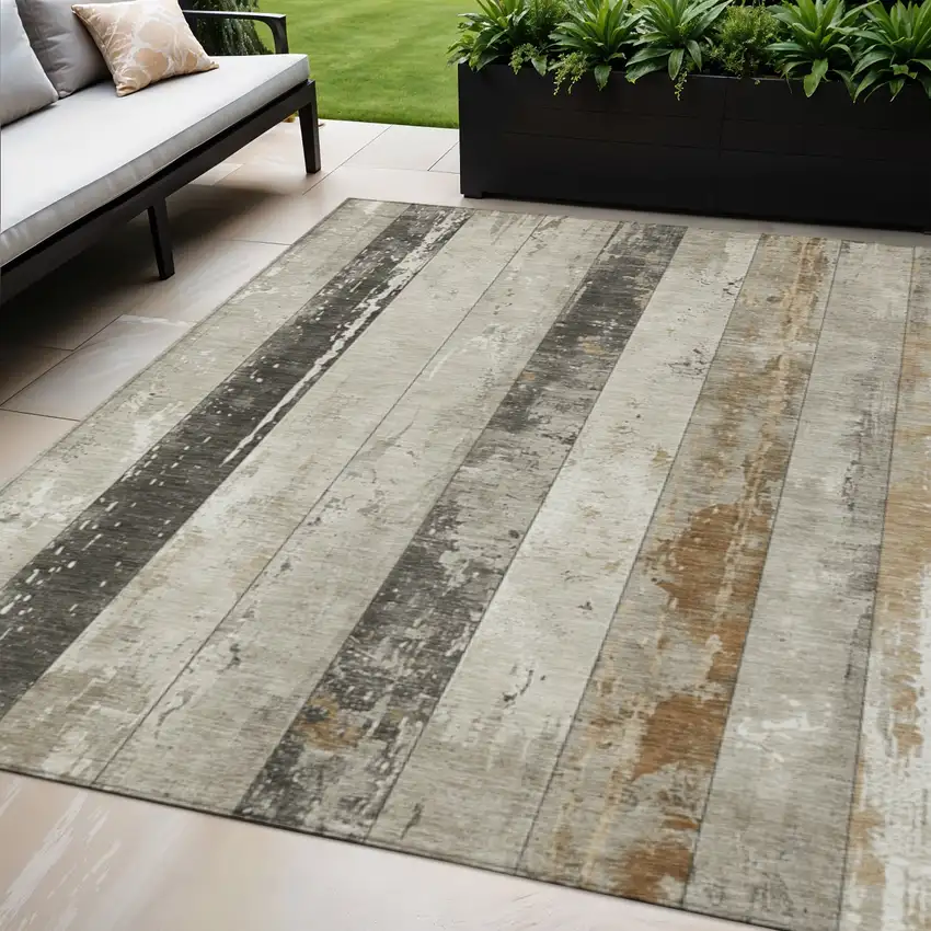 Beige And Charcoal Striped Washable Indoor Outdoor Area Rug Photo 1