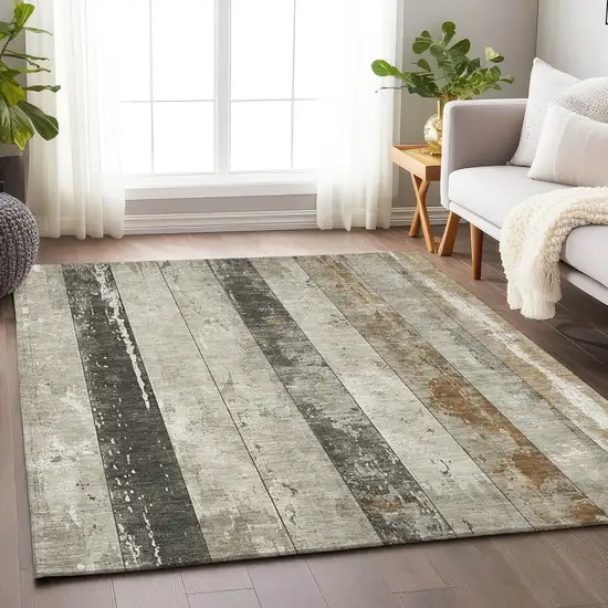 Beige And Charcoal Striped Washable Indoor Outdoor Area Rug Photo 7