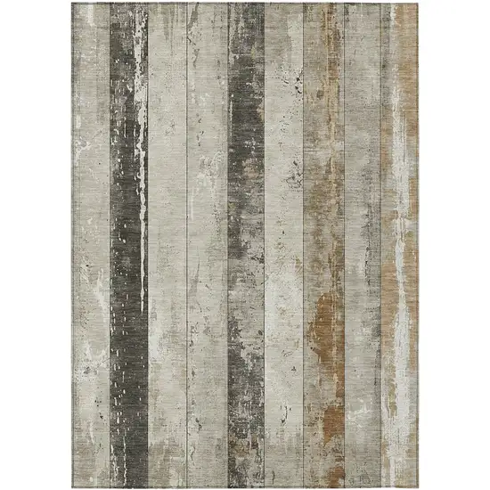 Beige And Charcoal Striped Washable Indoor Outdoor Area Rug Photo 2