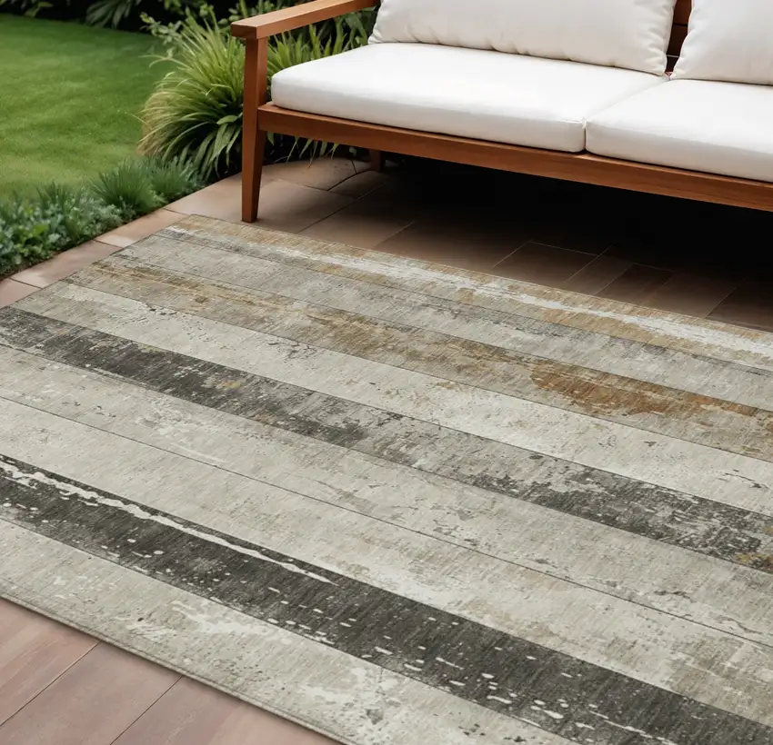 Beige And Charcoal Striped Washable Indoor Outdoor Area Rug Photo 2