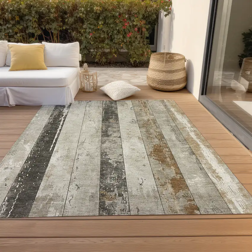 Beige And Charcoal Striped Washable Indoor Outdoor Area Rug Photo 8
