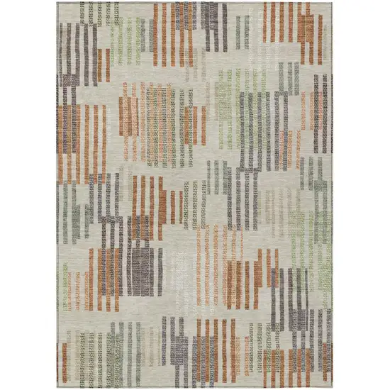 Beige And Charcoal Striped Washable Indoor Outdoor Area Rug Photo 1
