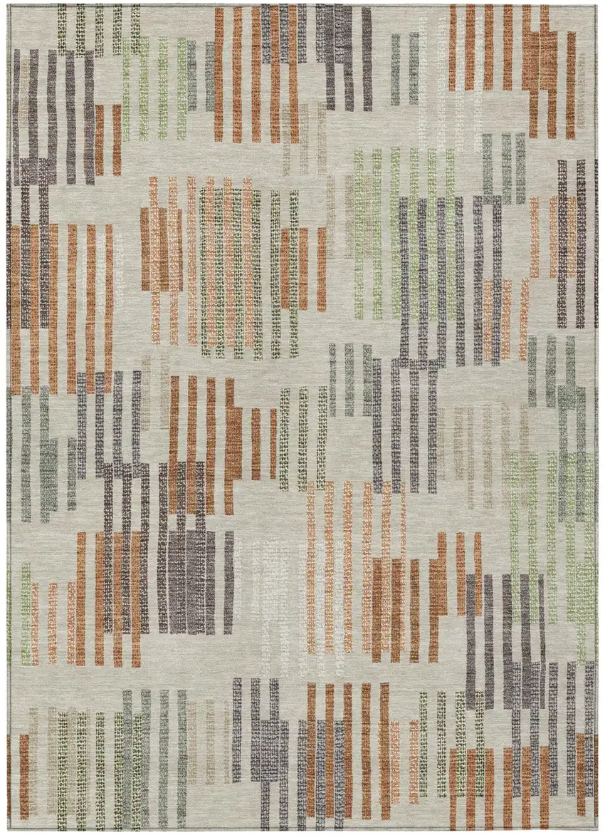 Beige And Charcoal Striped Washable Indoor Outdoor Area Rug Photo 1