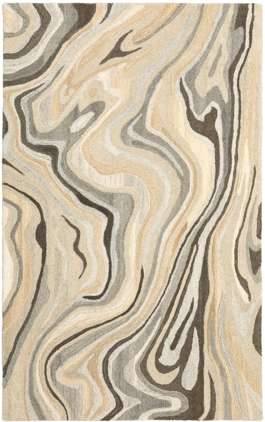 Beige And Charcoal Wool Abstract Hand Tufted Area Rug Photo 2