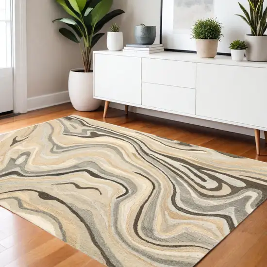 Beige And Charcoal Wool Abstract Hand Tufted Area Rug Photo 1