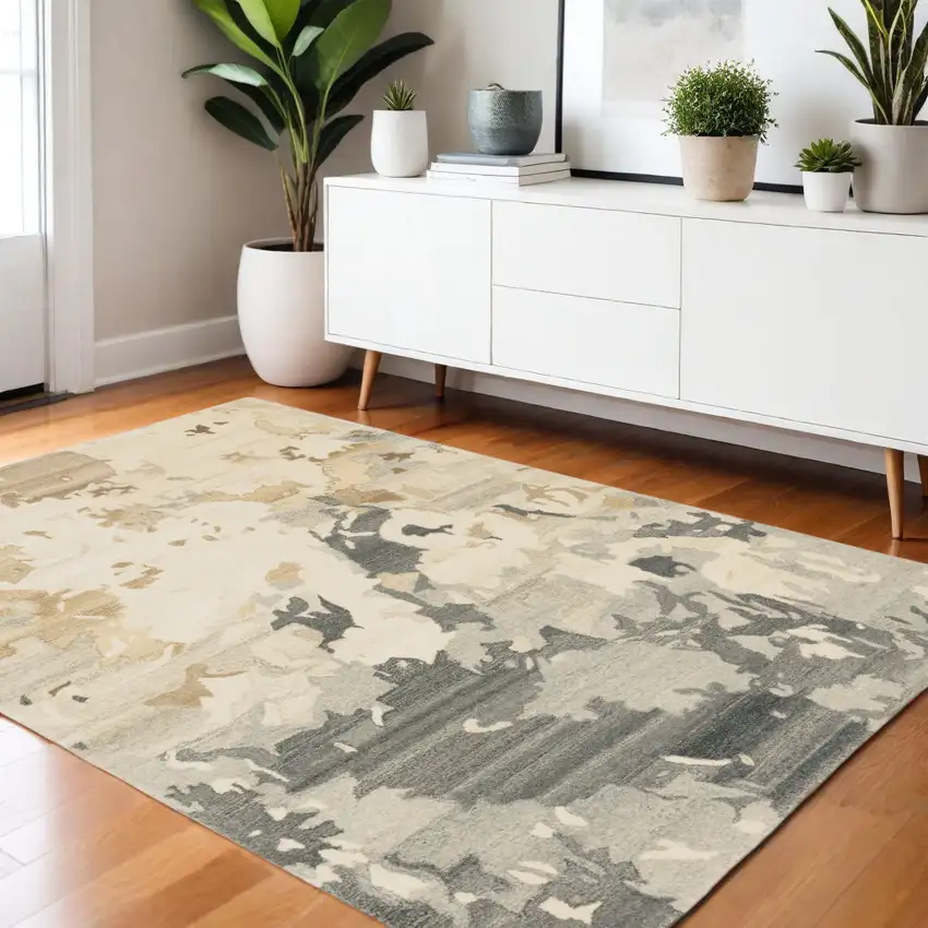 Beige And Charcoal Wool Abstract Hand Tufted Area Rug Photo 1
