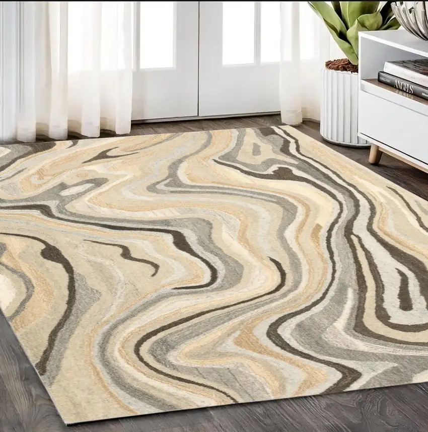 Beige And Charcoal Wool Abstract Hand Tufted Area Rug Photo 1