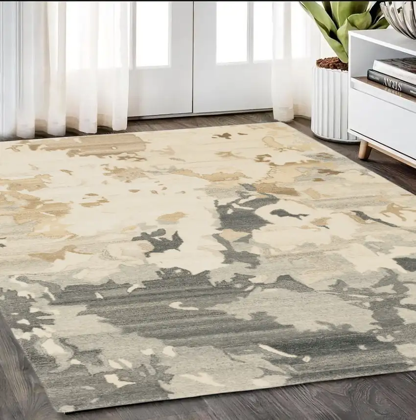 Beige And Charcoal Wool Abstract Hand Tufted Area Rug Photo 1