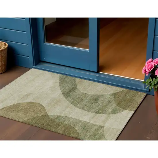 Beige And Chocolate Abstract Washable Indoor Outdoor Area Rug Photo 1