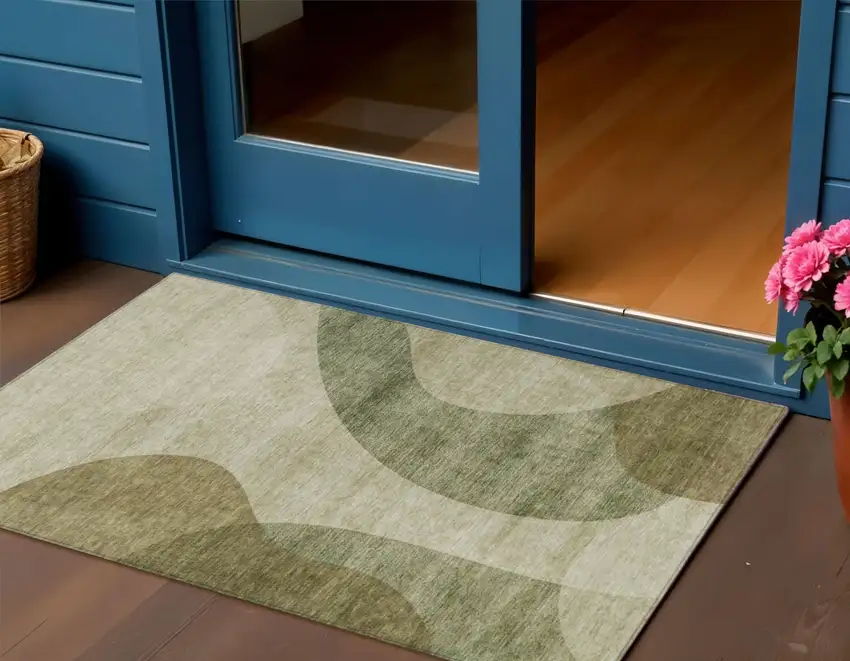 Beige And Chocolate Abstract Washable Indoor Outdoor Area Rug Photo 1
