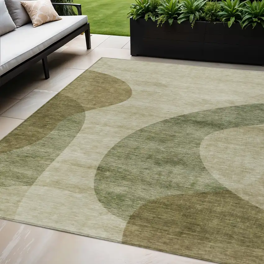 Beige And Chocolate Abstract Washable Indoor Outdoor Area Rug Photo 1