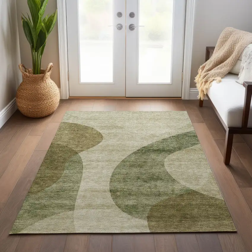 Beige And Chocolate Abstract Washable Indoor Outdoor Area Rug Photo 9