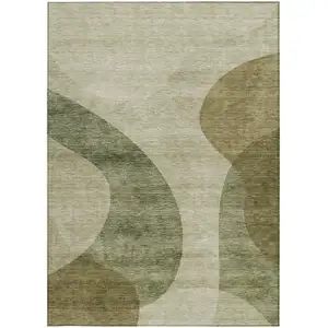 Photo of Beige And Chocolate Abstract Washable Indoor Outdoor Area Rug