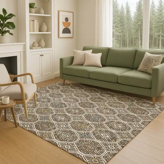 Beige And Chocolate Geometric Washable Indoor Outdoor Area Rug Photo 5