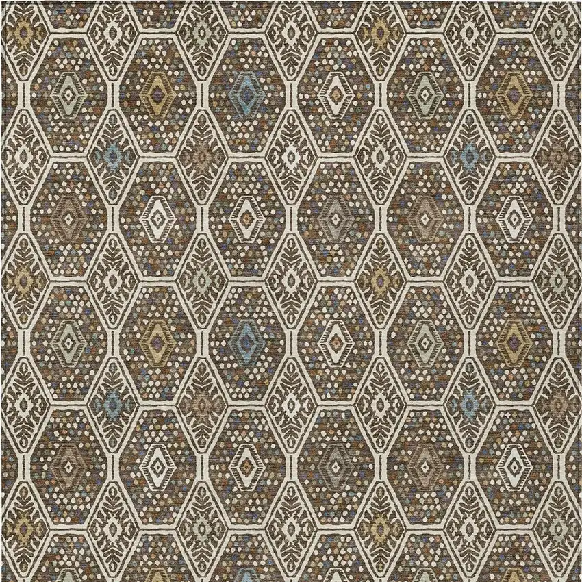 Beige And Chocolate Geometric Washable Indoor Outdoor Area Rug Photo 3