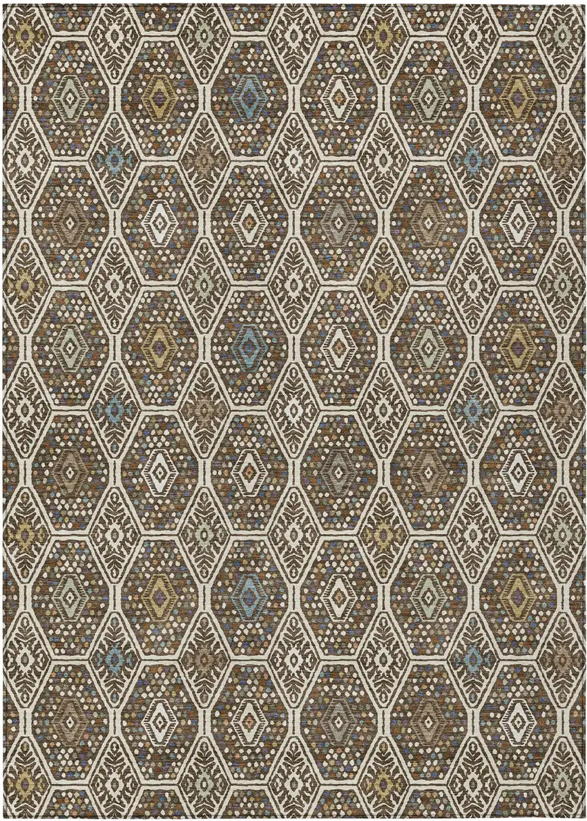 Beige And Chocolate Geometric Washable Indoor Outdoor Area Rug Photo 1