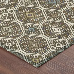 Photo of Beige And Chocolate Geometric Washable Indoor Outdoor Area Rug