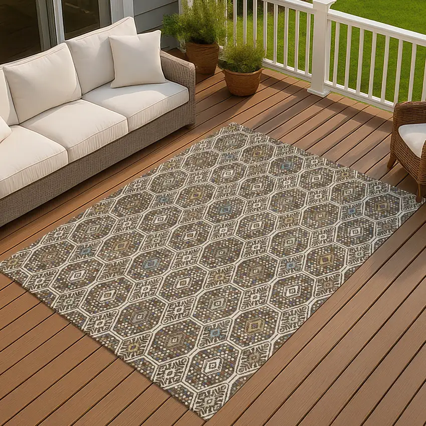 Beige And Chocolate Geometric Washable Indoor Outdoor Area Rug Photo 7