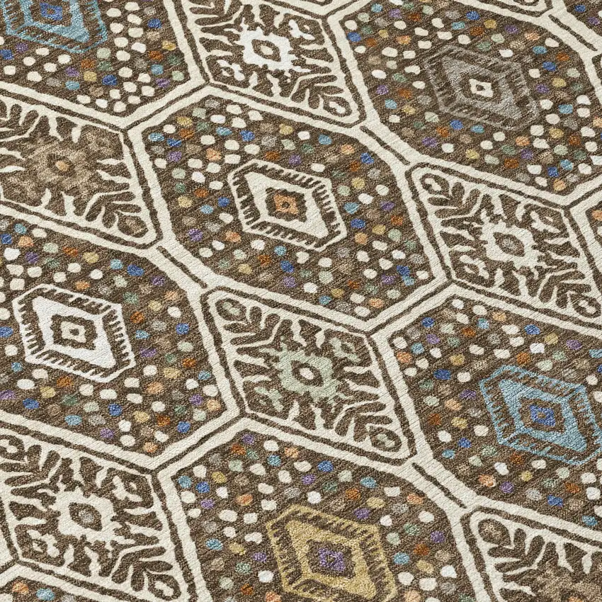 Beige And Chocolate Geometric Washable Indoor Outdoor Area Rug Photo 9