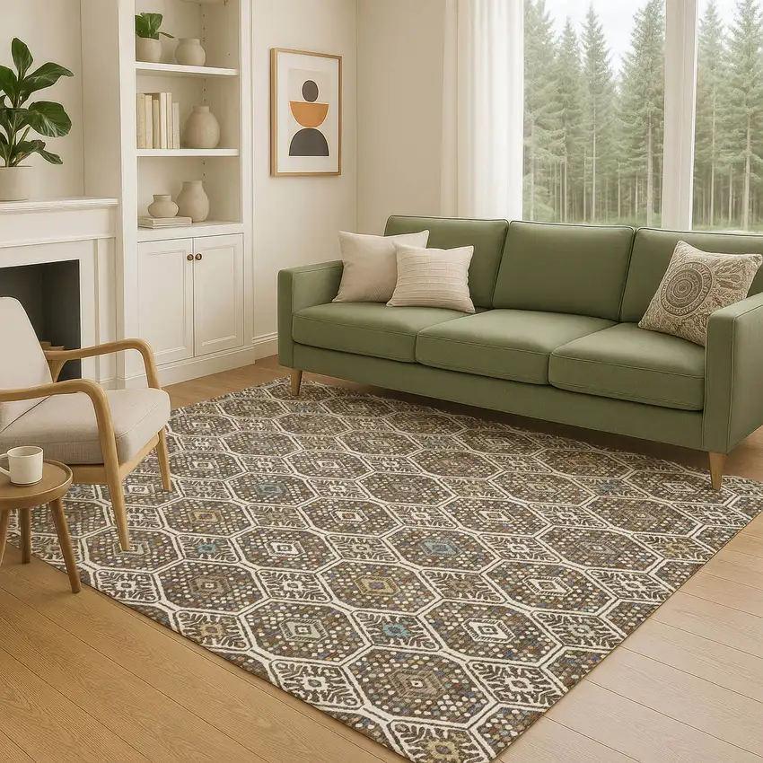 Beige And Chocolate Geometric Washable Indoor Outdoor Area Rug Photo 5